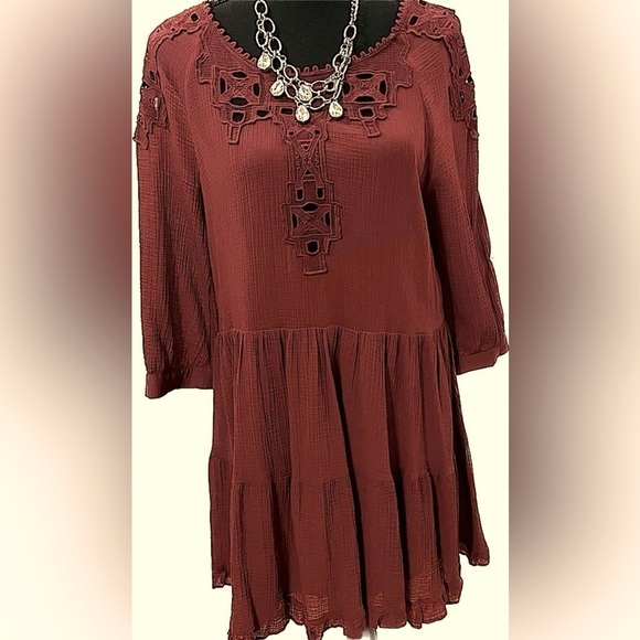 Free People Scarlet lace embroidered eyelet cotton boho mini dress. Peasant. M - Picture 3 of 12